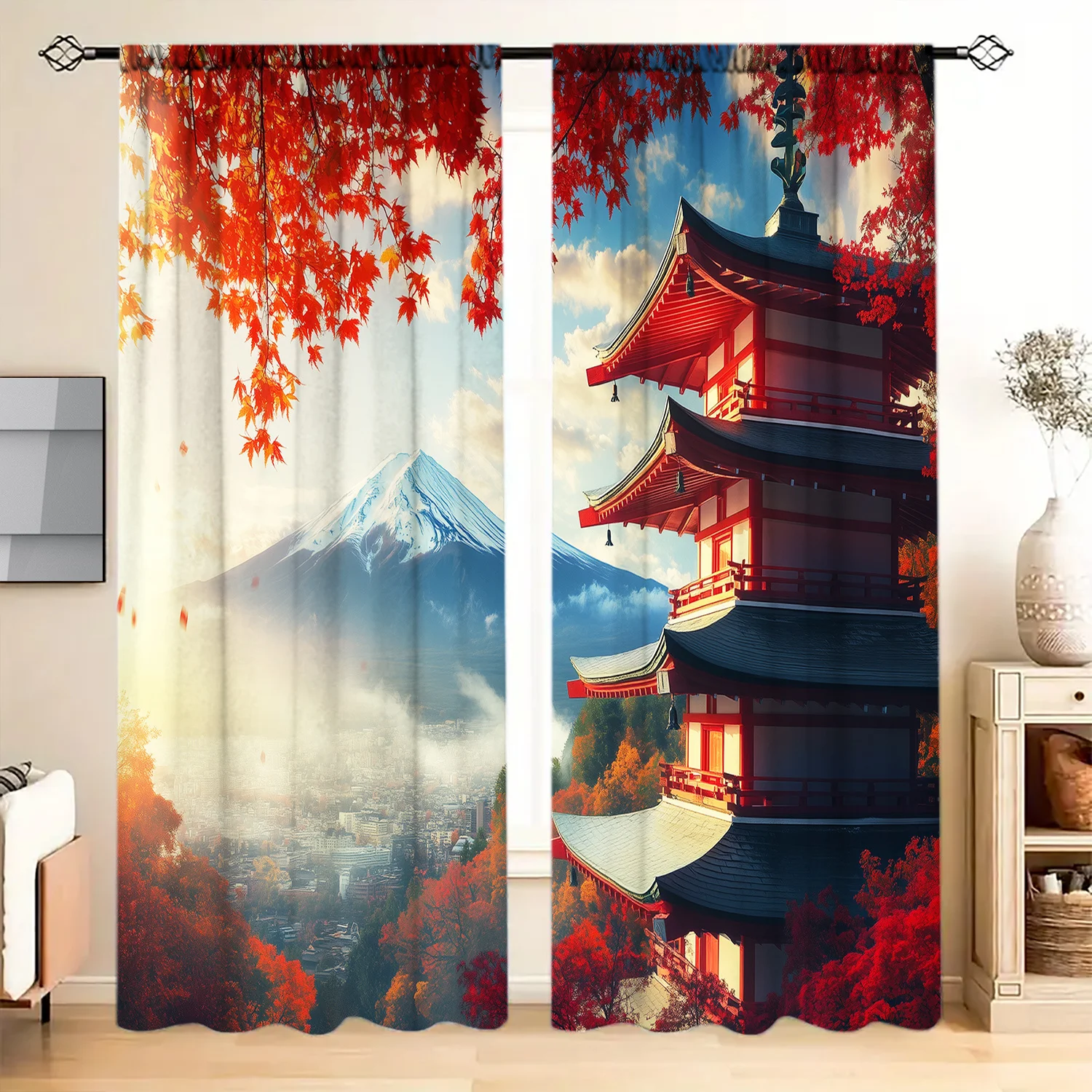 Japanese Landscape Curtain, Mt Fuji Pagoda Autumn Maple Print Drape, Asian Scenery Window Treatment for Living Room Home Decor