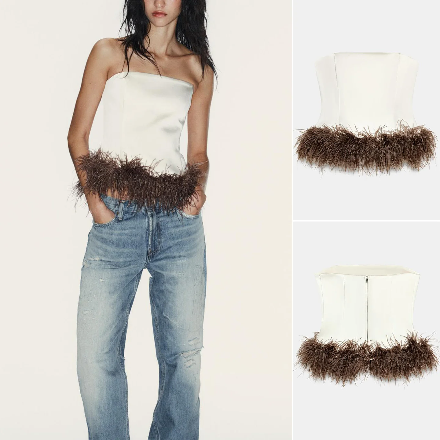 

Winter New Women's oulder-baring Straight-cut Collar Color-blo Plume Tube-top irt Slim-fit ort-length Pure-color