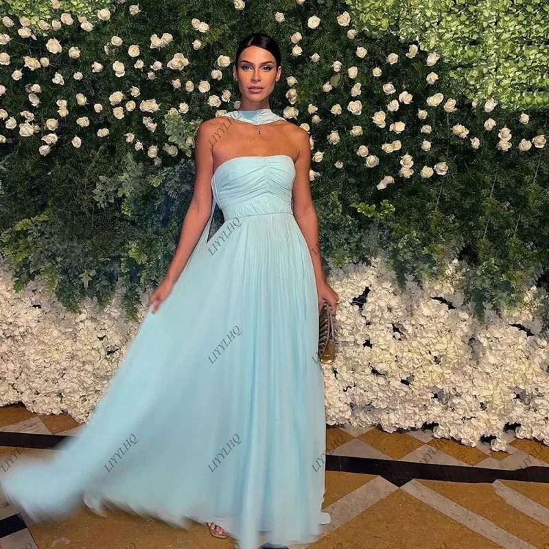 

LIYYLHQ Saudi Arabic Sky Blue Pleat Evening Dresses Gala Dress Strapless Sleeveless A Line Formal Party Dress Long Dinner Gowns