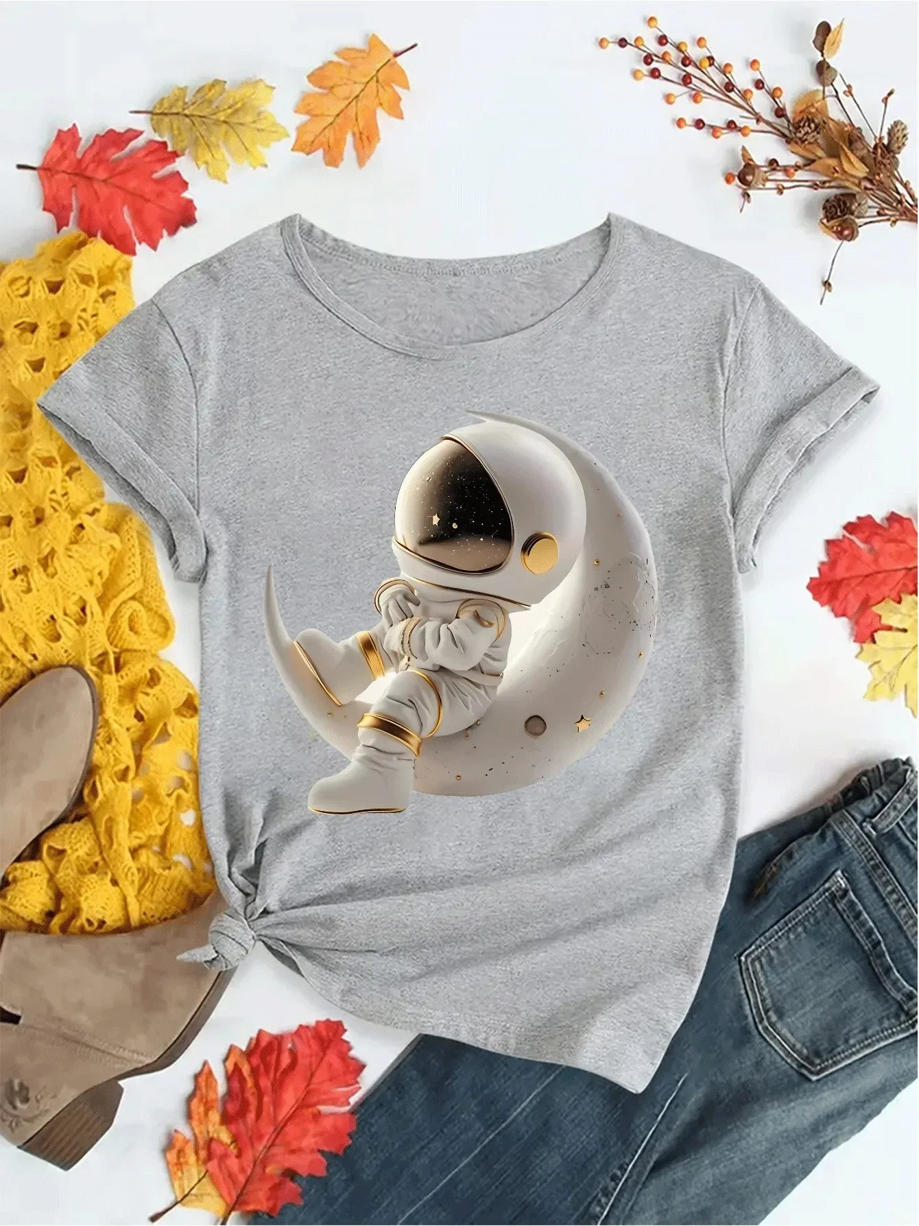 With Crescent Stars Medium-Stretch Polyester Round Casual Summer Women's Astronaut Graphic T-Shirt Space-Themed Print