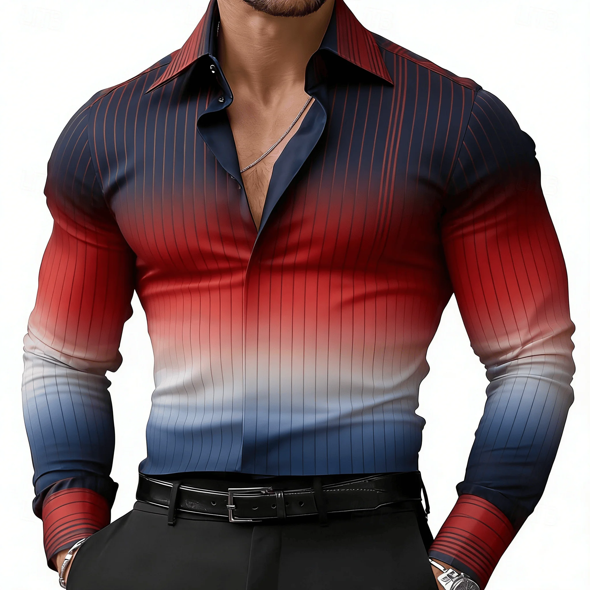 

Men's Ombre Gradient Stripe Print Lapel Shirt, Spring Summer Casual Slim Fit Top, Red Blue Color Shift Design