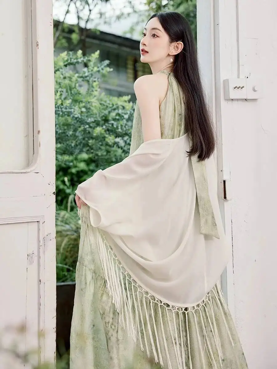

New Chinese Ne Hanging Women's Autumn Loose Tea Break Long Skirt High Waist A-Line Dr