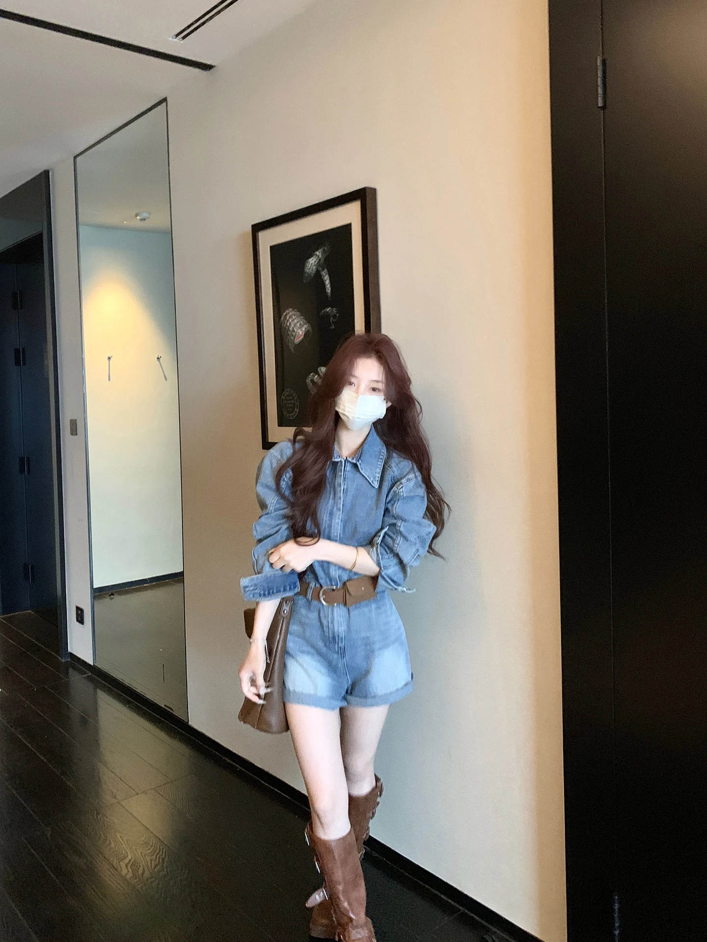 

Spring Summer New Style 2026 Women's Denim Overalls Short Pants High Waist Long Sleeve Top Slimming Effect Cotton Blend Jeans...