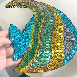 1 Piece 22*15 cm Sequins Fish Patch Shining Iron on Patch for Garment Decoration DIY Applique Clothing Accessories Back Adhesive