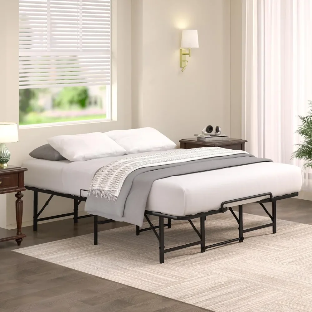 Estrutura de cama dobrável Queen, estrutura de cama de plataforma de metal portátil de 14,2" de altura com configuração gratuita de ferramentas, preta