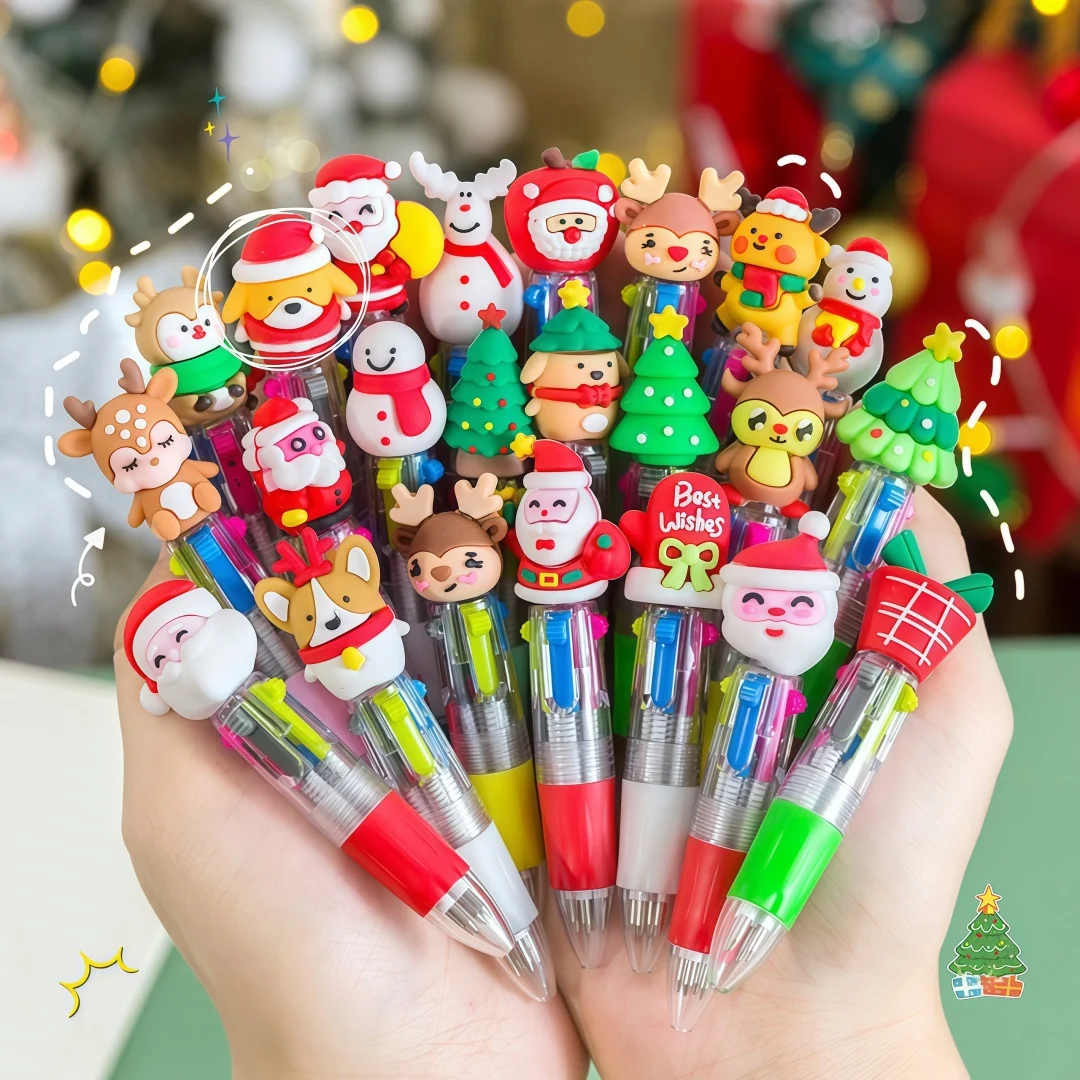 12-60pcs Mini Christmas Four Color Ballpoint Pen Santa Claus Snowman Christmas Tree Elk Holiday Party Favors