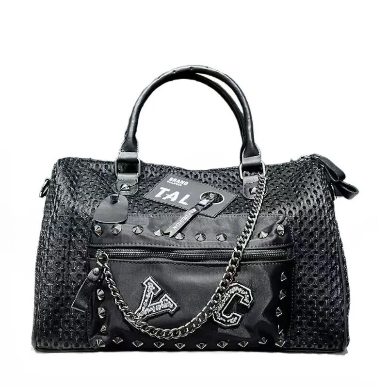 

European and American Trendy Mesh Fabric with Riveted Chains Ladies Splicing Handbag Personalized Fashion Street Shoulder Bag