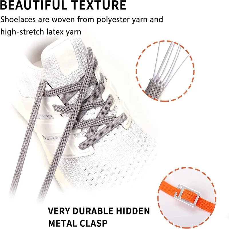 1 Pair No Tie Flat Elastic Shoe Laces with Metal Clips Quick Lock Replacement Shoestrings for Adults Kids Sneakers Casual Shoes