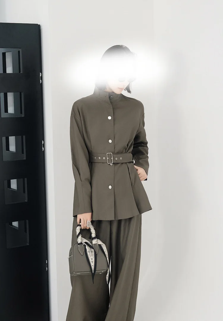 

2026 Spring Fashion Women's Elengat 2 Piece Pant Set Belt Gathered Waist Blazer High Waist Straight Loose Pants Sets New Clothes