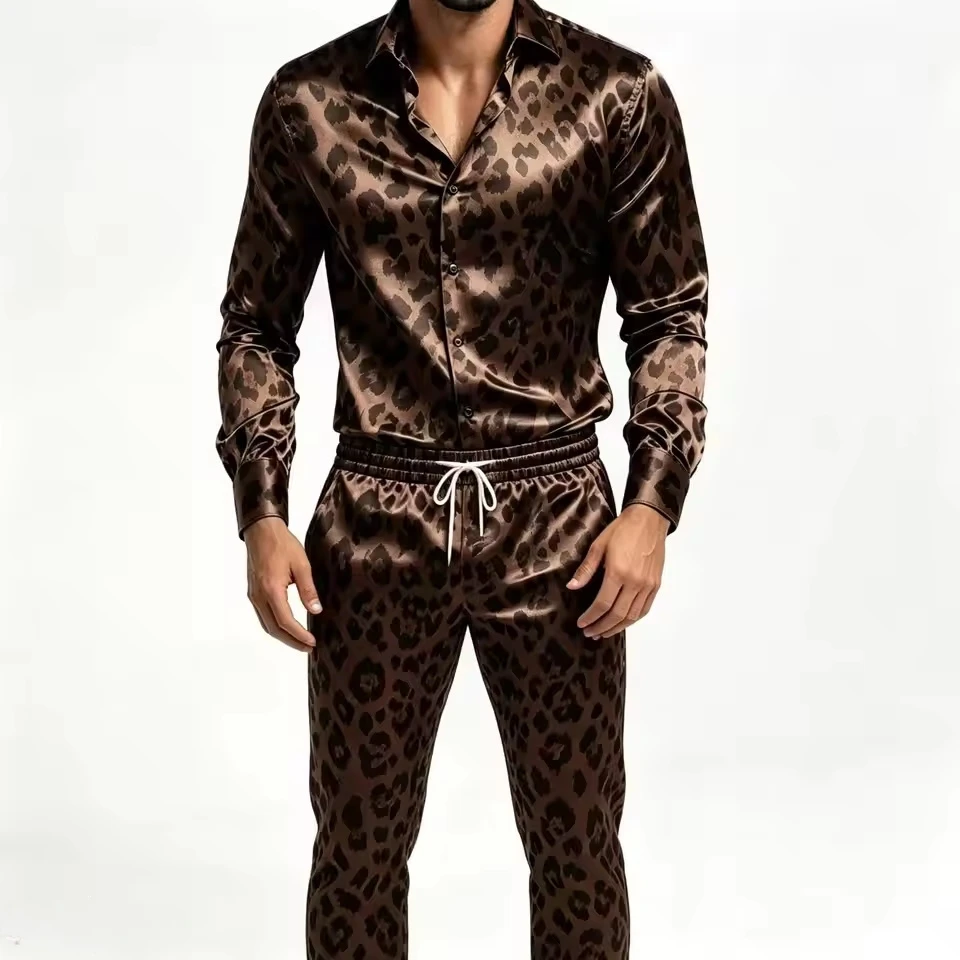 2026 New Men's Long Sleeved Two-Piece Leopard Print Silk Satin Shirt with Buttons, Elastic Pants, Casual Party Street Set view 4