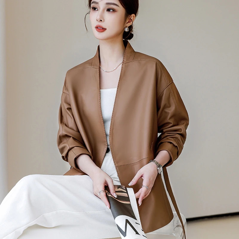 Women Leather Jacket Autumn Winter V-Neck Belt Slim Waist Closing Casual Commuting Style Short Brown Sheepskin Coat Chaquetas