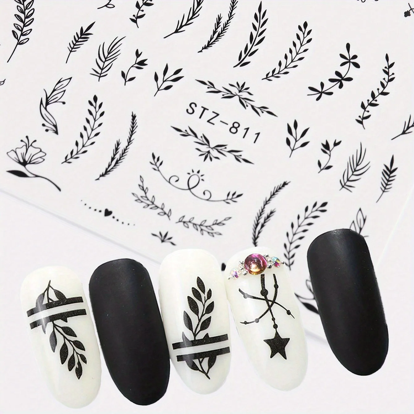 4pcs Nail Art Stickers Black Leaf Flowers Summer Nail Water Decals Sliders Set Wraps Tattoo Designs Decors Manicure