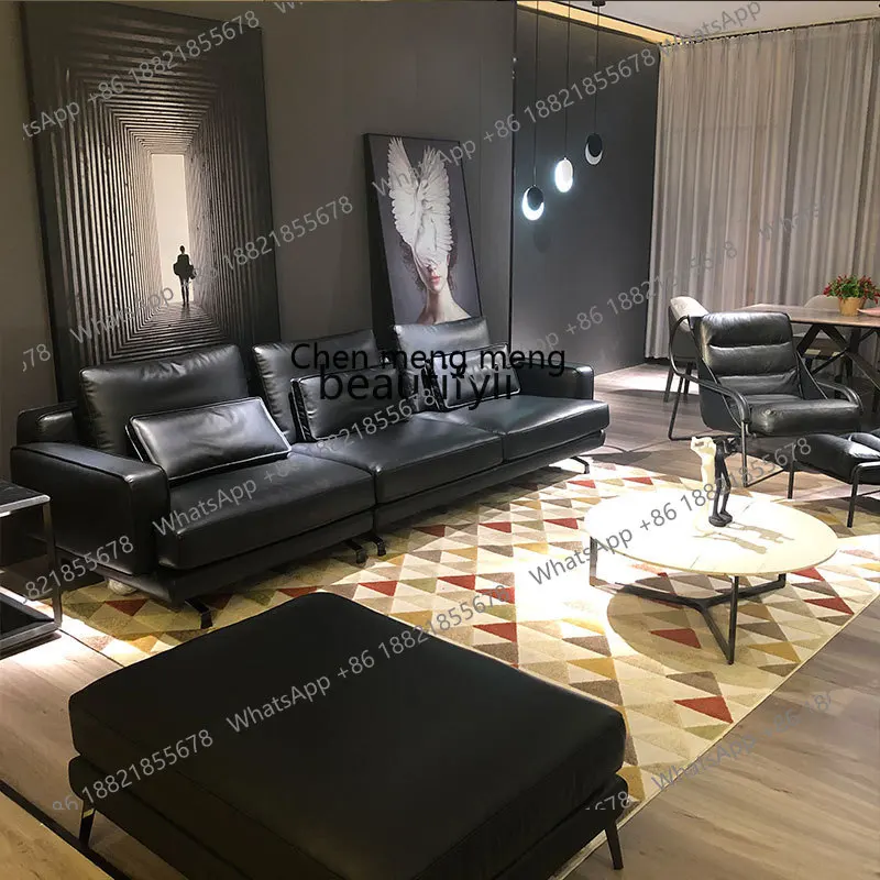 Leather Sofa Italian First Layer Napa Cowhide down Soft Bag Solid Wood Combination Straight Row