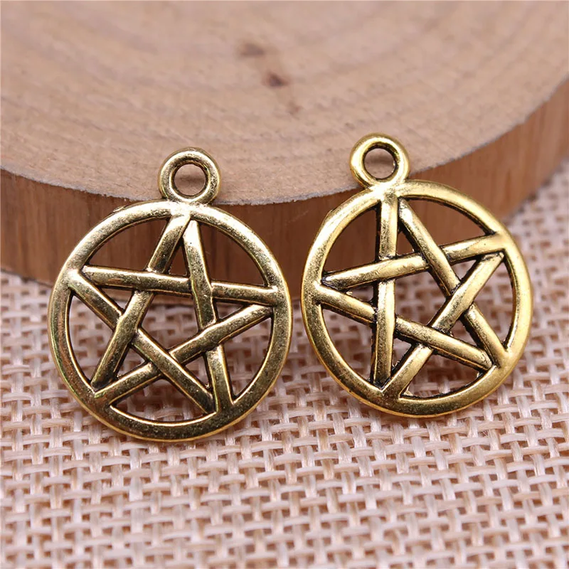 Pentagram Encantos para Fazer Jóias DIY, Pingentes Antigos, Bronze, Prata, Cor Dourada, Estrela, Tibetano, Artesanato Artesanal, 20PCs, 19x16mm