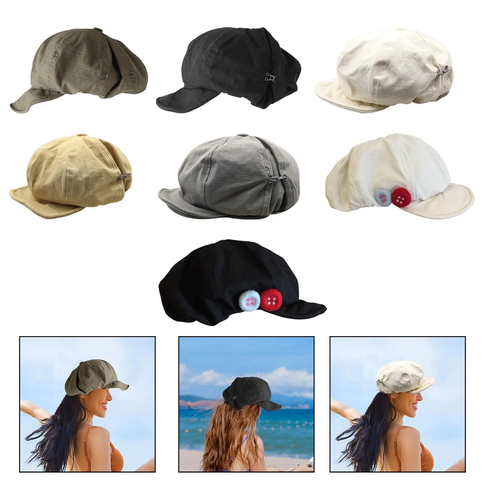 إكسسوارات قبعة بيريه بتصميم عتيق للرسام للسيدات مع زر جانبي متعدد الوظائف مع نسيج قطني بحافة 6.5 سم قابل للتمدد