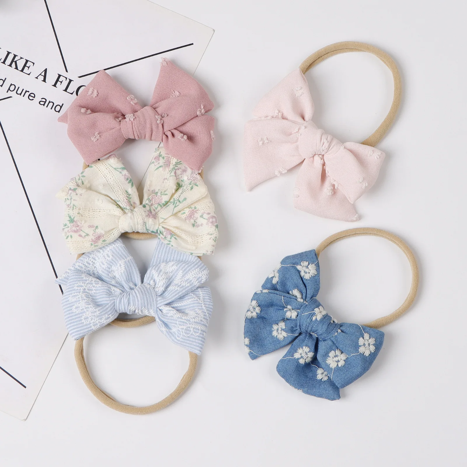 36pc 3.5\" Cotton Embroidery Hair Bow Soft Elastic Nylon Headband Floral Prints Solid Color Hairpin Headwear for Baby Girls Kids