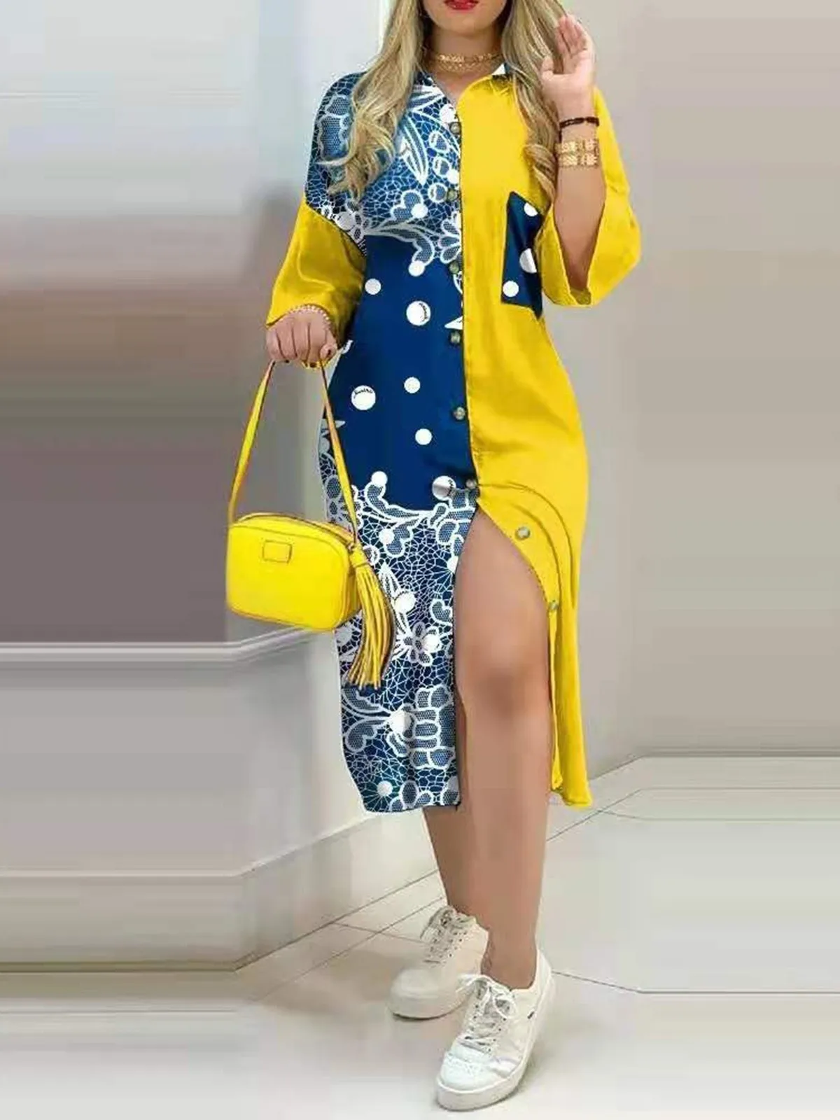 대비색 단추형 여성용 드 스트리트 슬레 미디 스커트 롱 스웨 플로럴 프린트 폴리에스터 원단