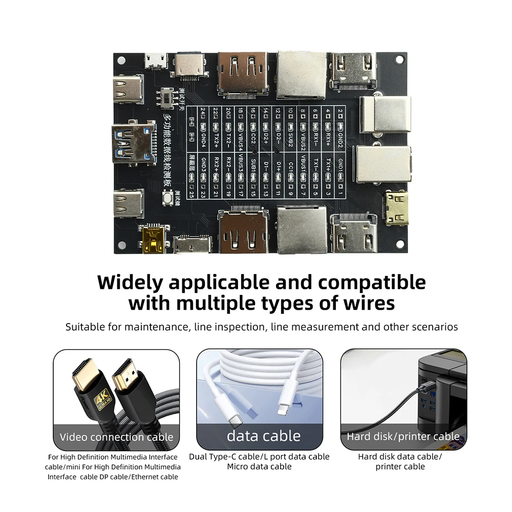 USB Data Cable Tester Type-C Type-B Micro Short Circuit Switch Test Board Ethernet Line Detection Module Built-in CR1220 Battery