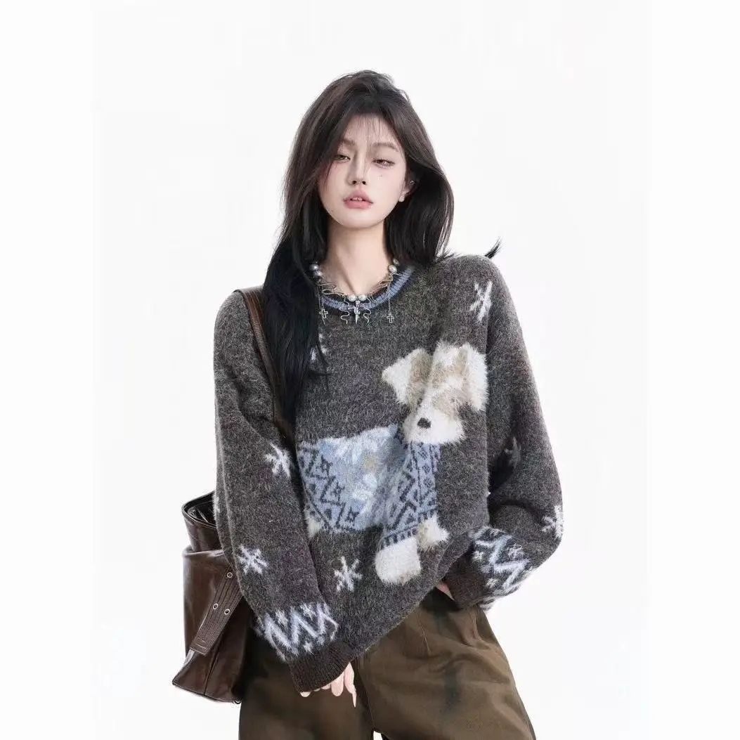 

2025 New American Fun Dog Knitted Sweater Jacquard Knitted Autumn Winter Loose Lazy Coat Women Long Sleeves Top