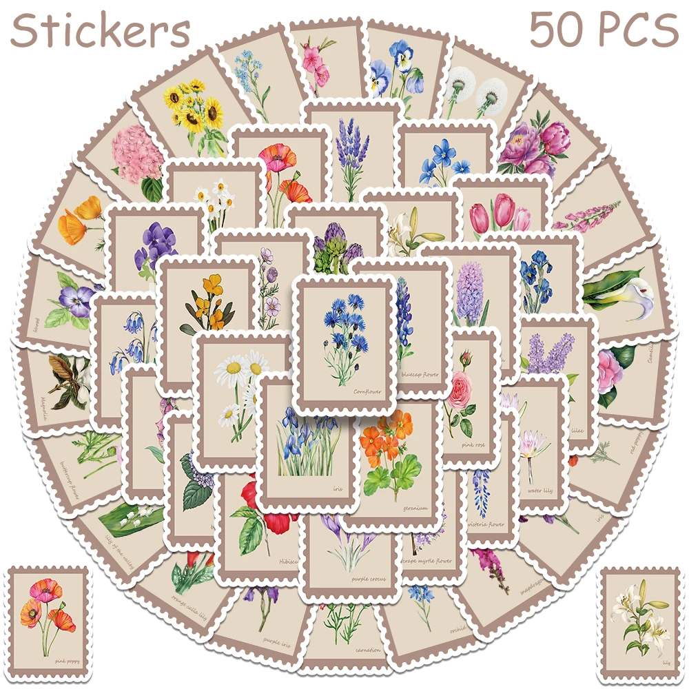 

50pcs Birth Flower Stickers Decals For Phone Suitcase Scrapbook Skateboard Letter DIY Aesthetic Vinyl Waterproof Stickers