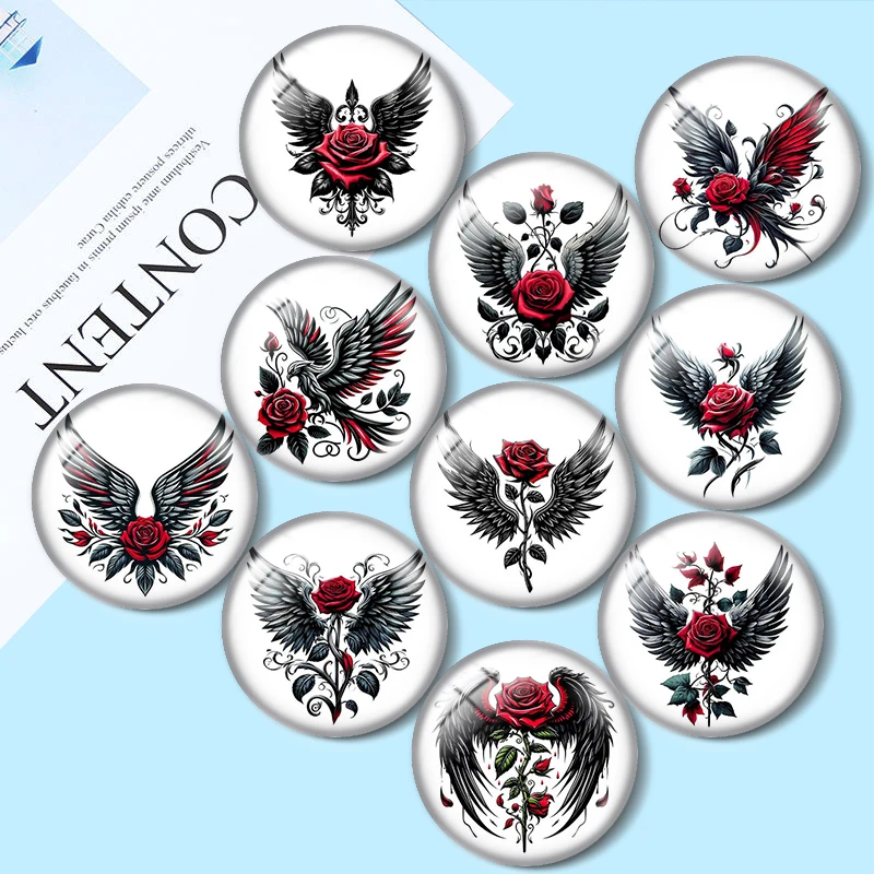 Black Rose Angel Wings 12/18/20/25mm glass cabochon  bracelet pendant rings for jewelry demo earrings back Making findings