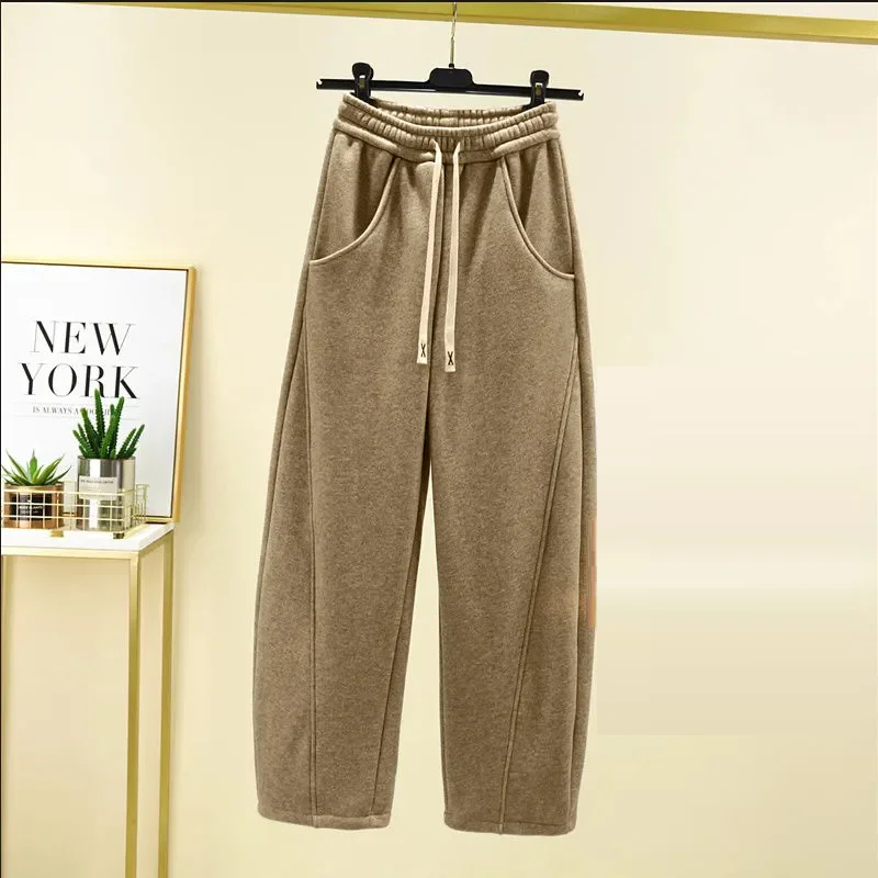 Pantalones holgados de vellón para mujer, pantalón informal de pierna ancha y terciopelo grueso, cálido, invierno, 2024