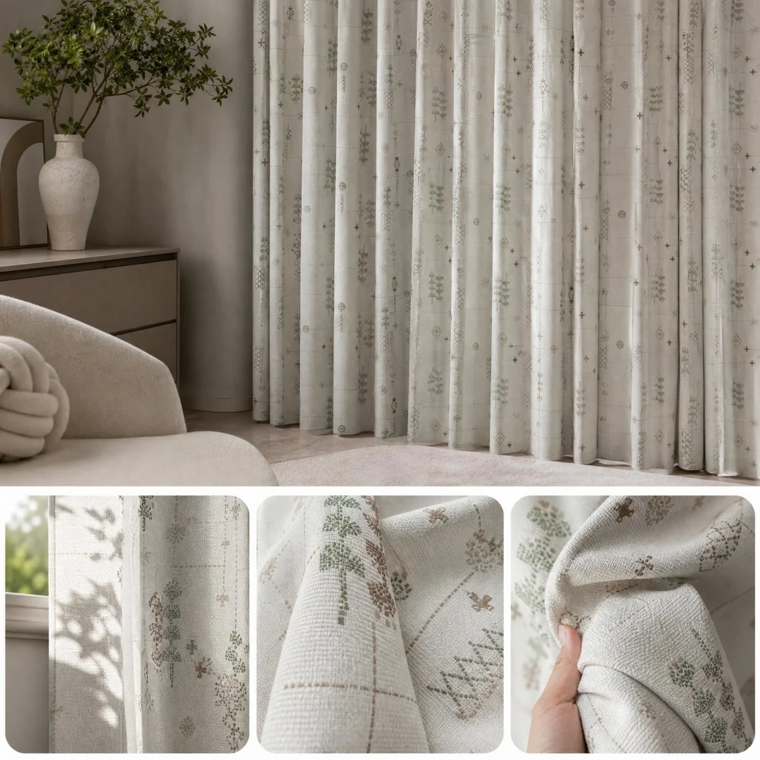 Bohemian Embroidery Linen Curtains,Retro Country Style,Light Filtering Drapes,Nature Pattern for Living Room,Bedroom