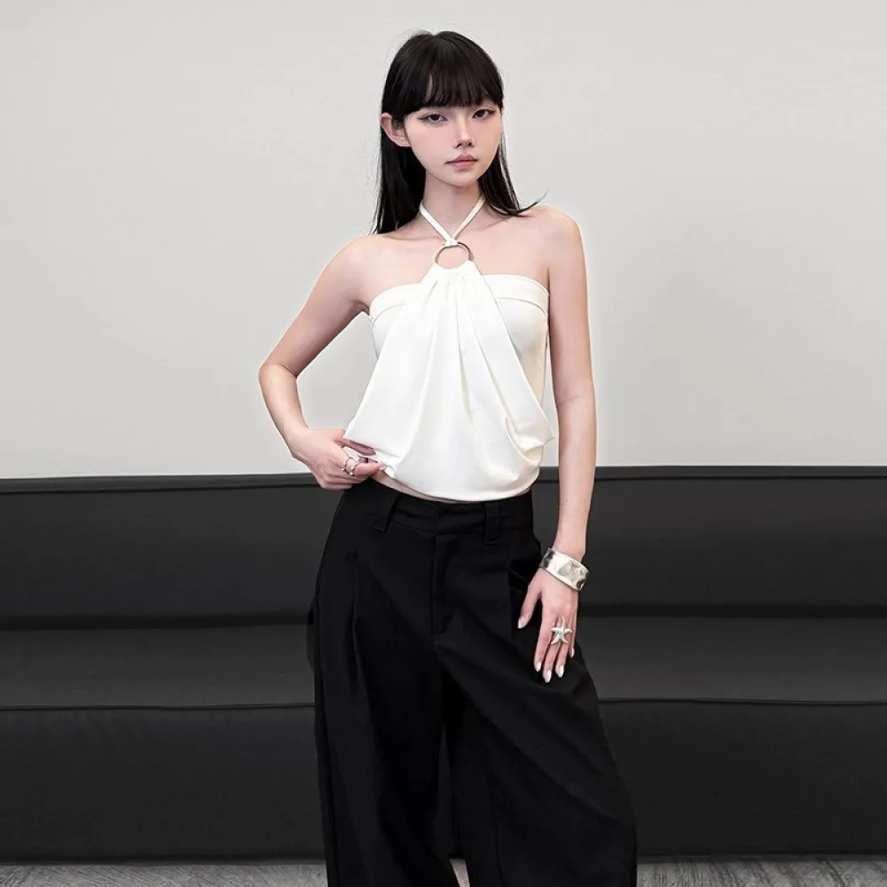 เสื้อกล้ามสไตล์ใหม่ SylCue 2025 สำหรับผู้หญิง แบบผูกคอ ประดับห่วงโลหะ ตัดต่อผ้า โชว์ไหล่ โชว์หลัง แฟชั่นสตรีท จับจีบ ดีไซน์หรูหรา