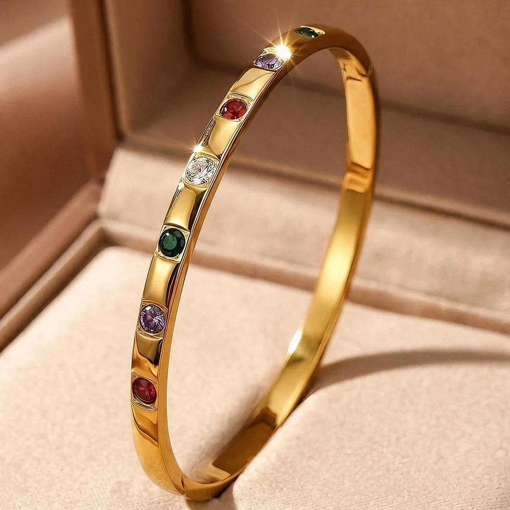 Airfriend Women Stainless Steel Bracelet Ladies Luxury Red Green Diamond Inlay Waterproof Buckle Bracelet wholesale