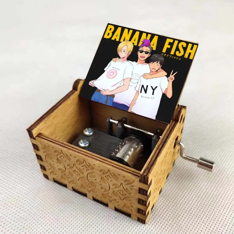 Newest design anime Banana Fish Vintage Mechanical Wooden Crank Music Box Wood Crafts Kids toy new year gift Birthday Gifts