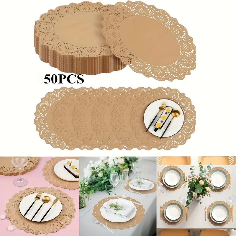 50 Disposable Brown Cow Print Paper Placemats - 13.5inch Scalloped Edge Lace Floral Pattern,  Suitable for Reception  Sets