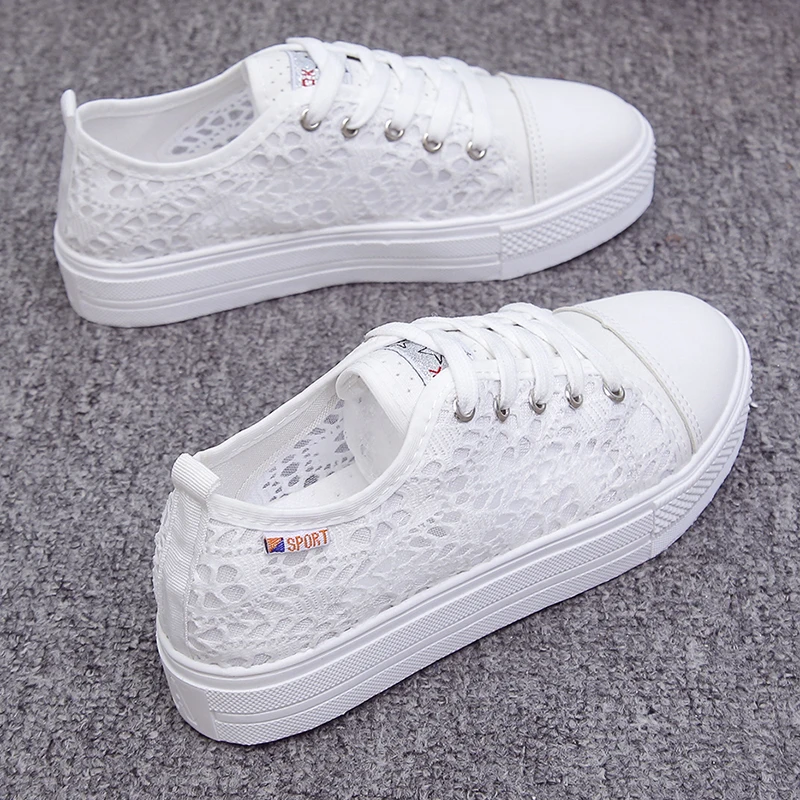 Women Shoes  Fashion Summer Casual White Shoes Cutouts Lace Canvas Hollow Breathable Platform Flat Shoes Woman Sneakers