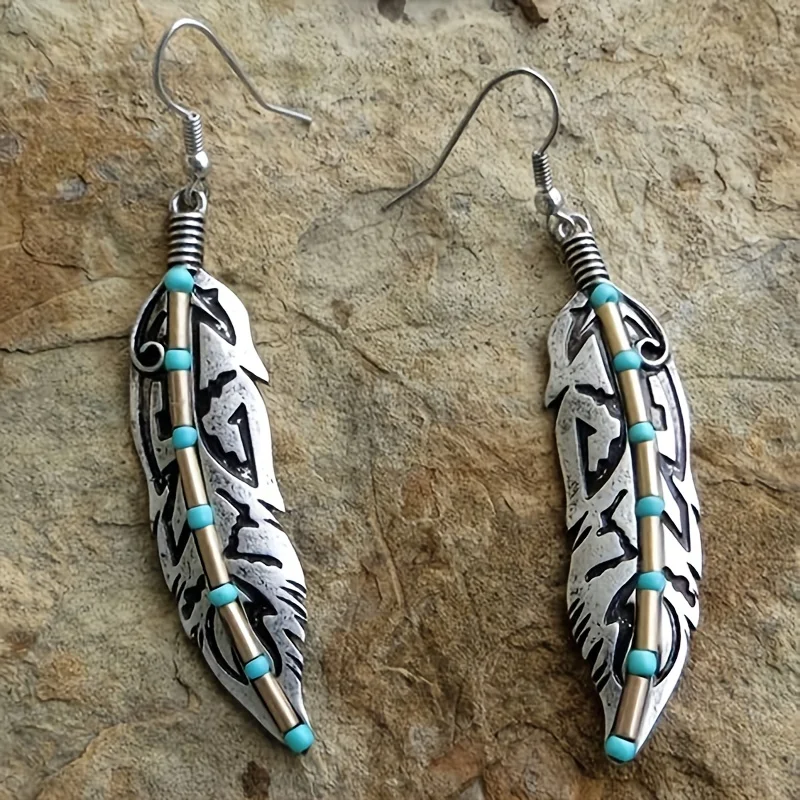 Bohemian Style Turquoise Feather Earrings - 925 Silver Plated Ear Jewelry for Women