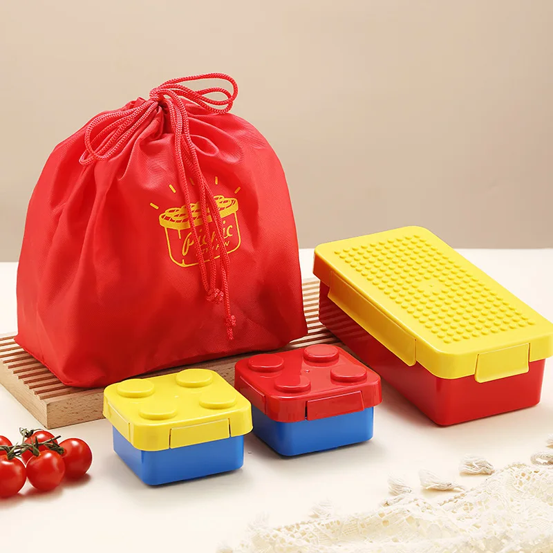 Building Block Lunch Box for Kids, Plastic Game Bento Box, School Picnic Food Container with Bag, Girls and Boys