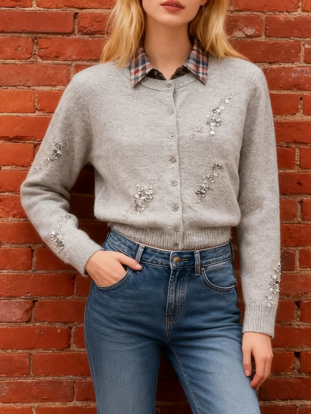 French Handmade Wool Cardigan Sweater Women Beaded Sequin Autumn Winter O Neck Gray Stylish Women Ladies Knitwear New