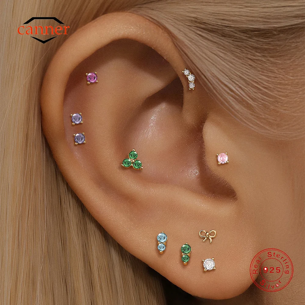 CANNER 1PC 14K Solid Gold Colored Zircon Piercing Earrings For Women Ins Summer 4-Prong Geometric Ear Stud Wedding Gift Jewelry