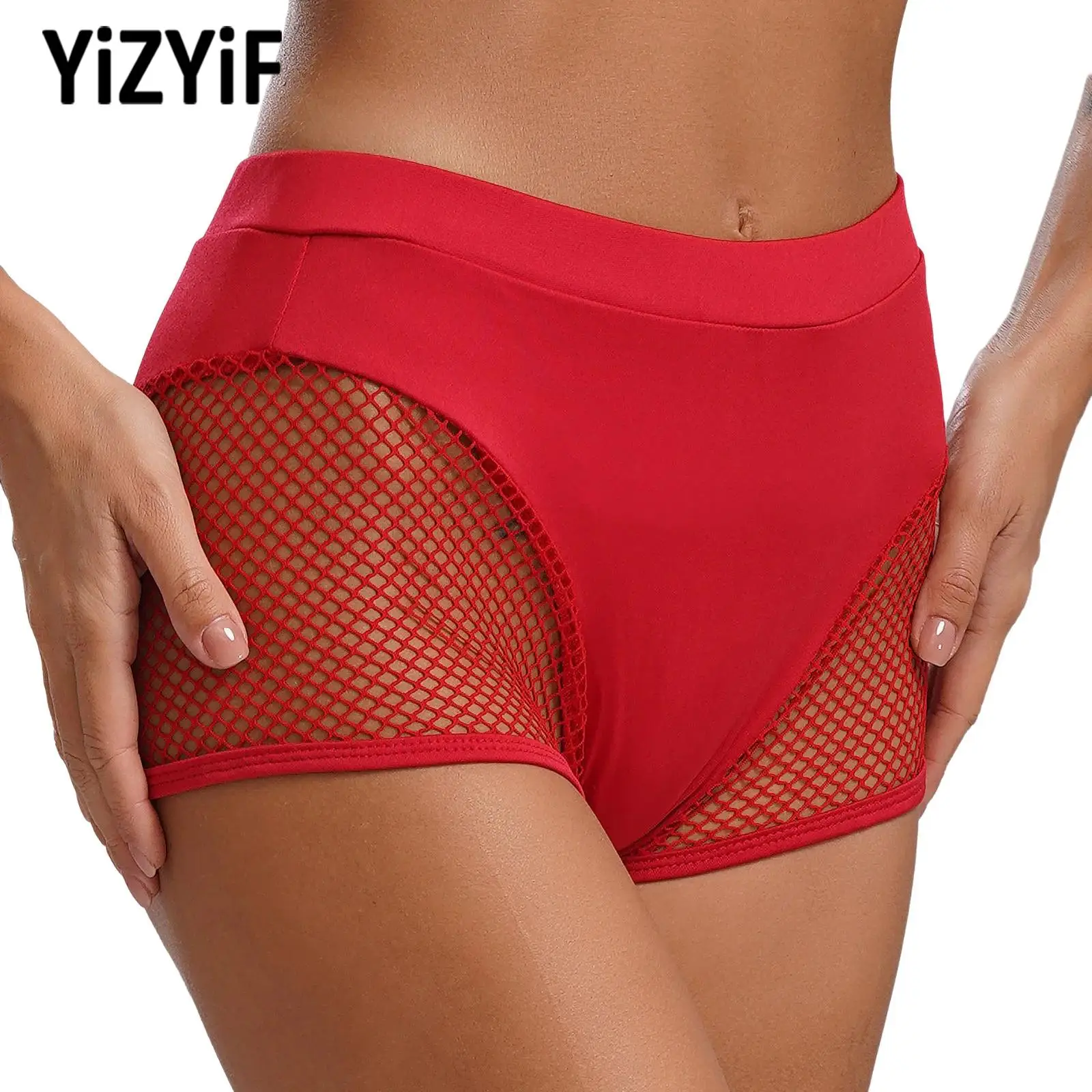 Womens Yoga Sports Shorts Fishnet Booty Shorts Mid Waist Elastic Waistband Hot Pants for Fitness Workout Pole Dancing Clubwear