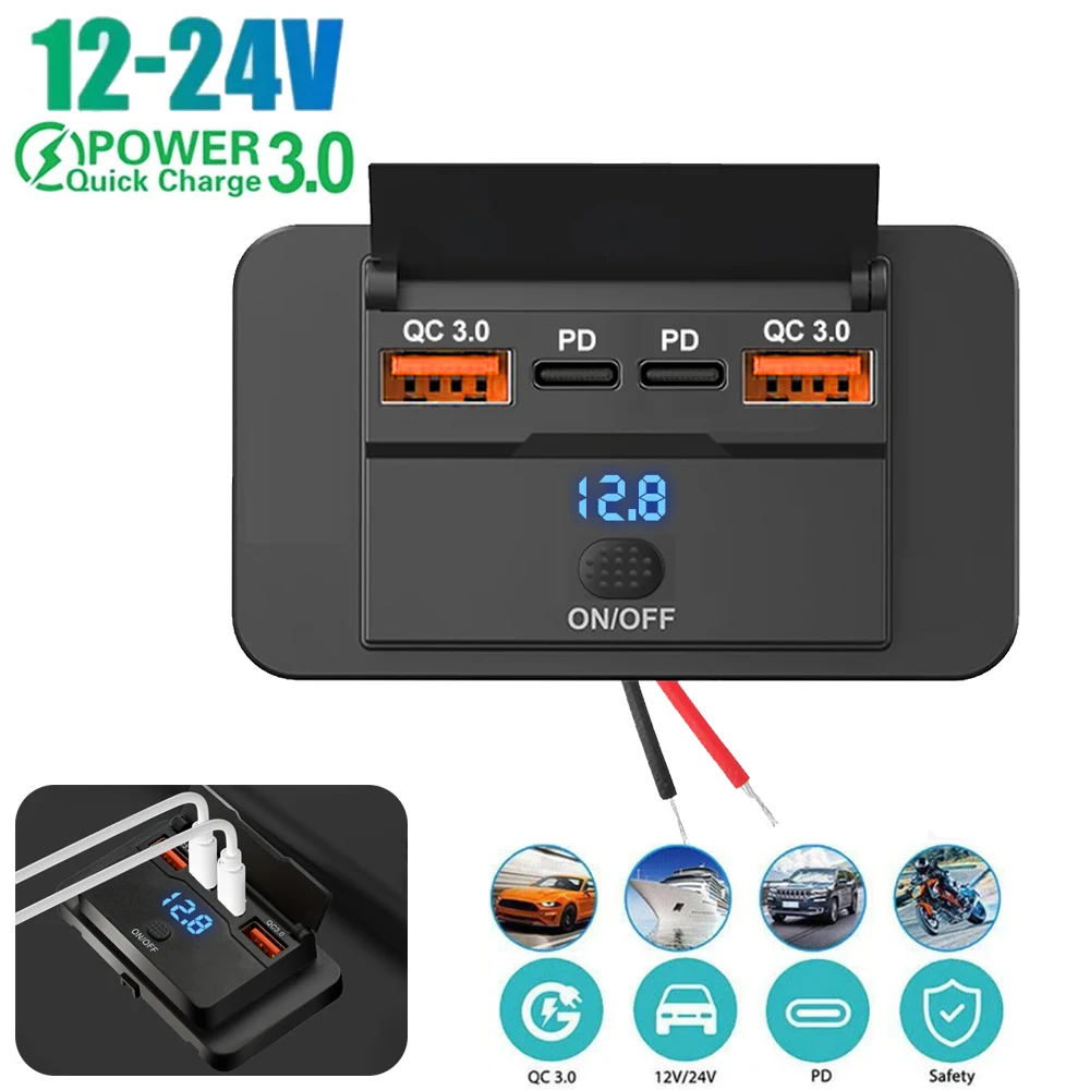12V 24V USB Outlet Car Charging 4-Ports Dual PD Dual QC3.0 USB C Socket Wall Mount Accessories for Car Boat Marine RV Truck image 3