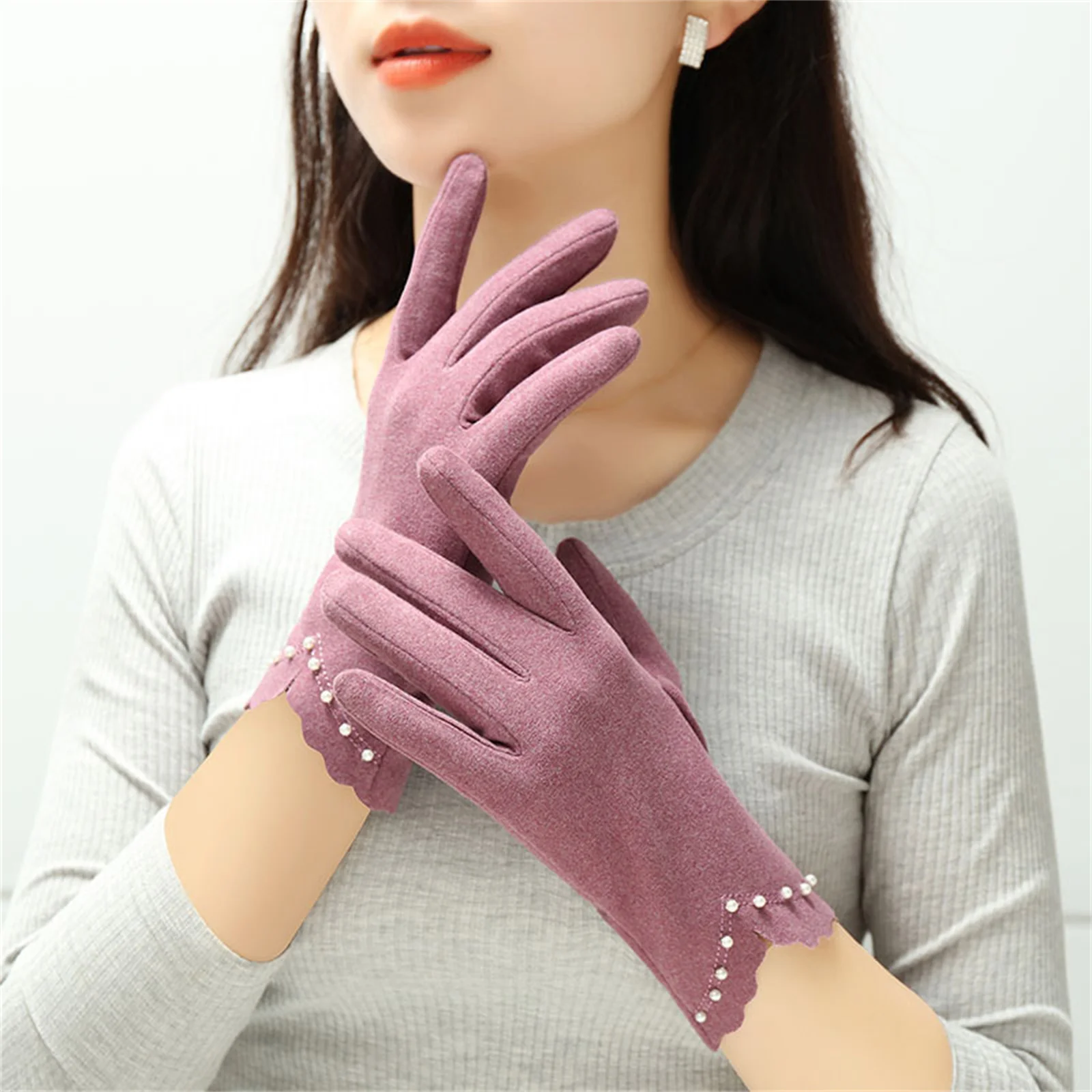 Women's Touchscreen Gloves Winter Warm Thin Pearl Design for Driving Cycling Outdoor Activities Soft Breathable Elegant Gear