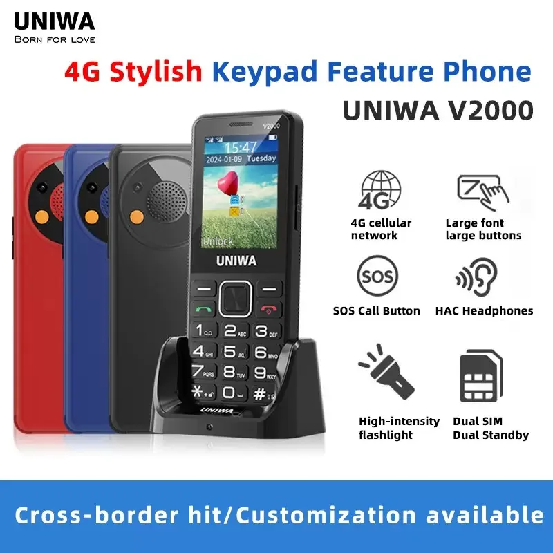 UNIWA V2000 2.4 Inch 4G Fashion Keypad Phone 0.3MP Camera Big Button 1700mAh English Russia Keyboard Feature Phones for Elderly