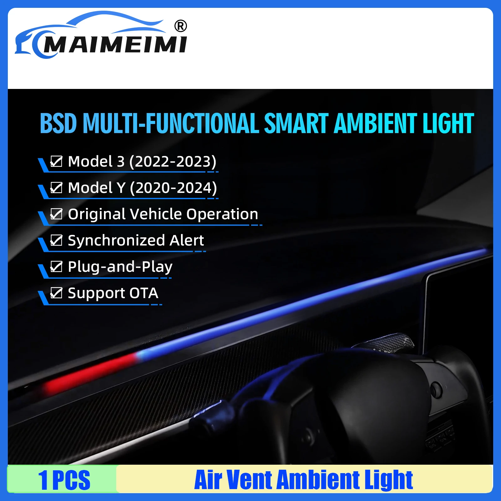 

MAIMEIMI 1 Set Highland Smart Air Vent Ambient Light Strip Blind Spot LED for Tesla Model Y (2020-2024) and Model 3 (2022-2023)