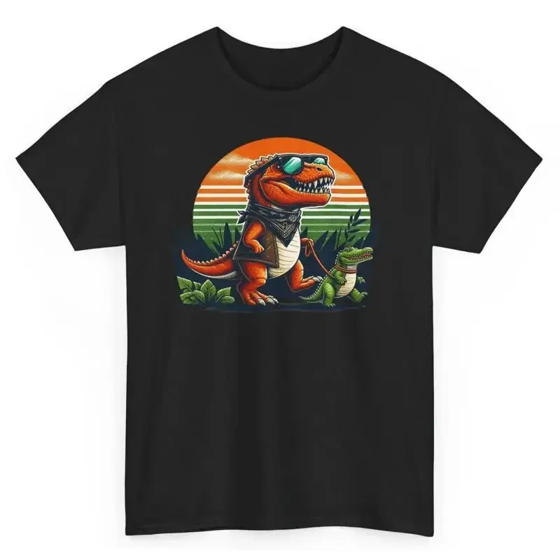Funny T Rex Walking With Crocodile Pet Shirt Novelty Animals