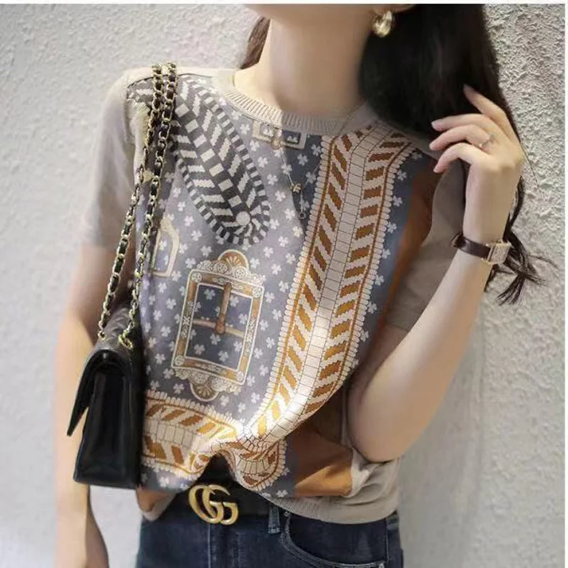 Vintage Printed O-Neck Knitted Spliced Blouses Women's Clothing 2024 Short Sleeve Casual Pullovers Tops All-match Commute Shirt