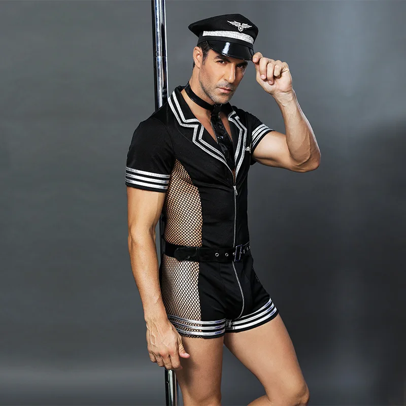 Men Police Sailor Uniform Cosplay Erotic Lingerie Mesh PU Patchwork Wet Look Catsuit Apparel for Sex Role Play Night Clubwear