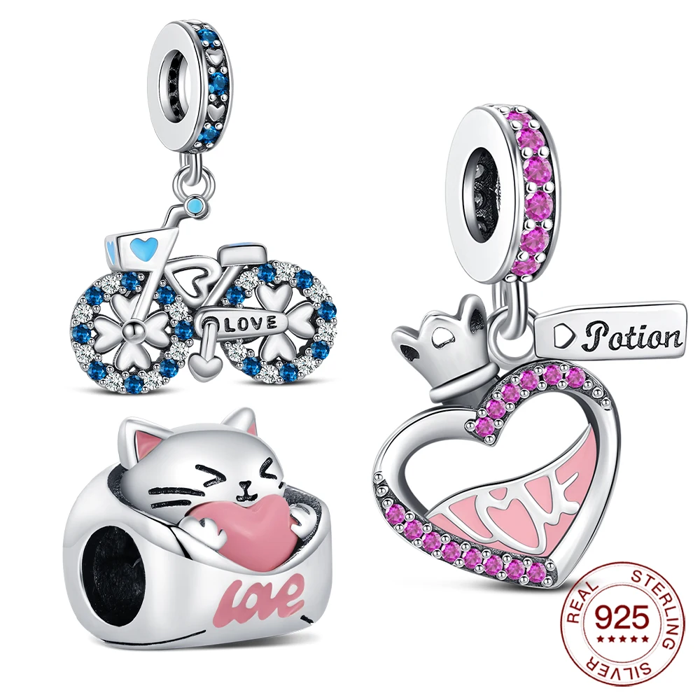 

925 Sterling Silver Flower Heart Charm Cat Pendant Fit Original Bracelet Diy For Classic Bracelet Women Fashion Jewelry DIY Gift