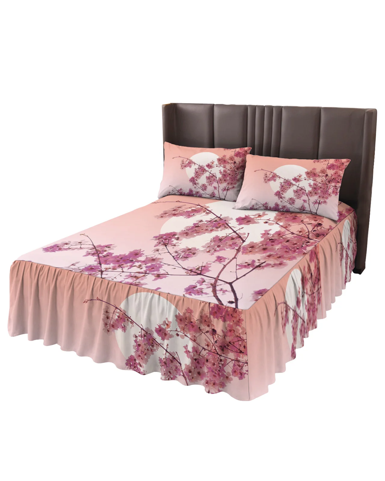 Japanese Sakura Cherry Blossoms Flower Bed Skirt Elastic Fitted Bedspread With Pillowcases Mattress Cover Bedding Set Bed Sheet