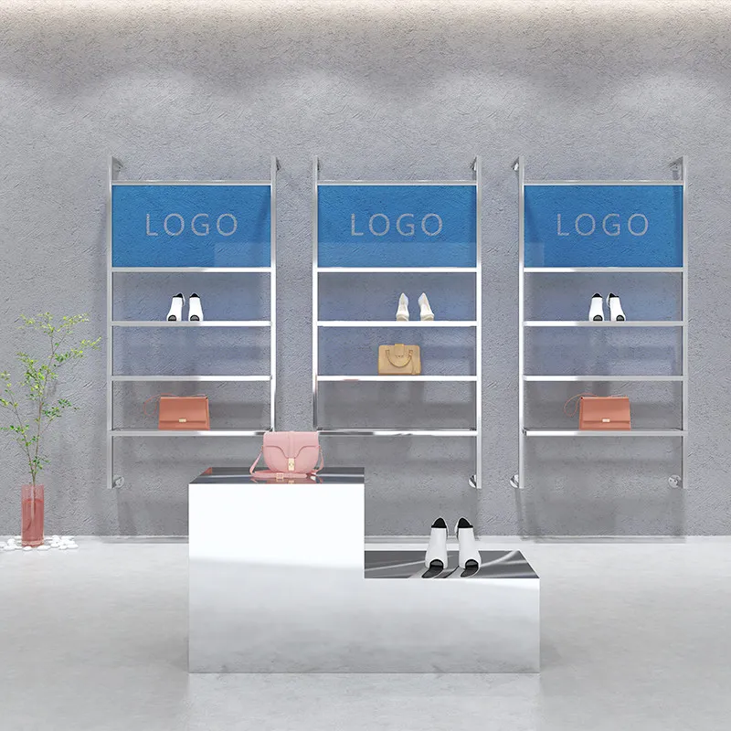 Shoe store shoe rack display rack, wall-mounted stainless steel silver rack, clothing store accessory display rack