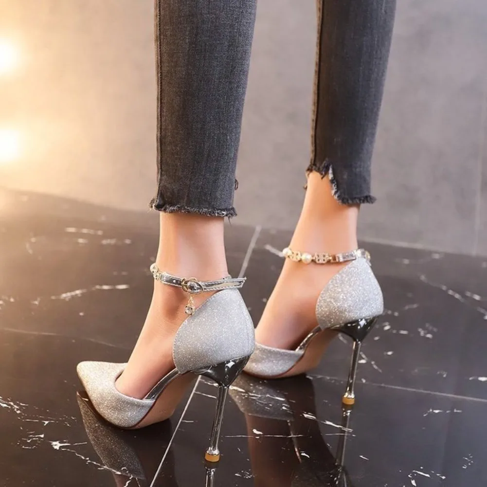 Silver Stiletto High Heel Party Wedding Shoes Women Fashion Ankle Beaded Buckle Pointed Toe Pumps Women Shallow Mouth Pumps view 3