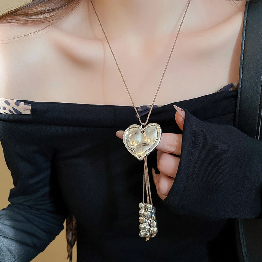 التجاعيد القلب شرابة قلادة قلادة جديدة أزياء بسيطة تصميم فريد من نوعه سترة سلسلة المرأة مجوهرات هدية