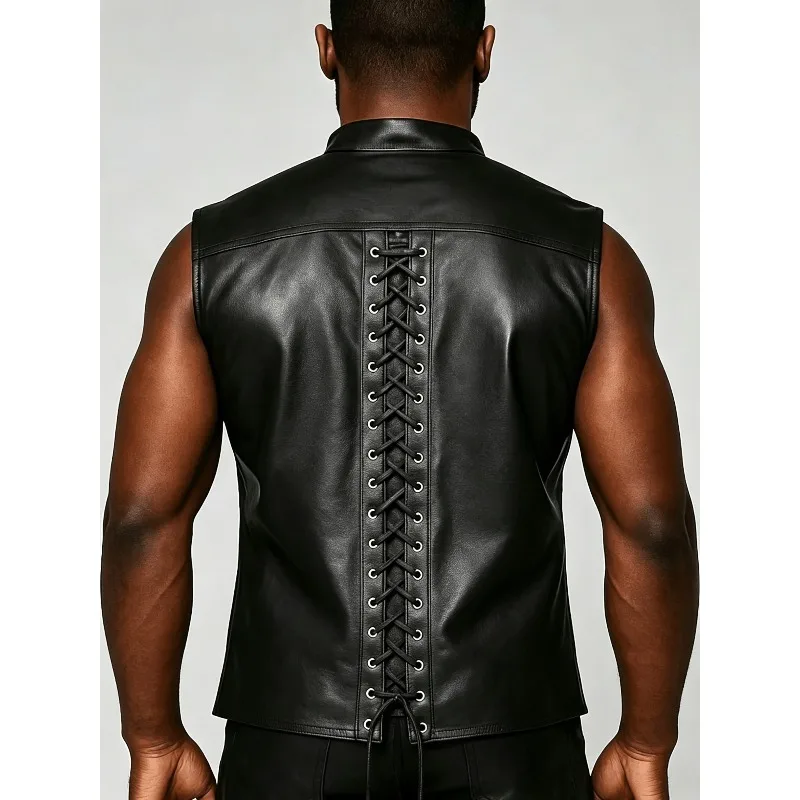 Gothic style lace-up men's PU leather vest, stand-up collar sleeveless button-down shirt jacket